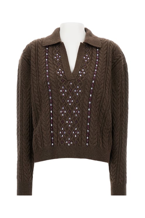 Des Phemmes Embroidered Cable-Knit Sweater With Classic Collar And Ribbed Cuffs