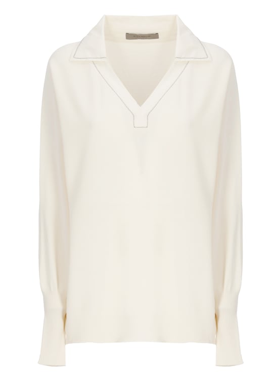 D-Exterior Ivory Embellished Viscose Long-Sleeve Polo Shirt