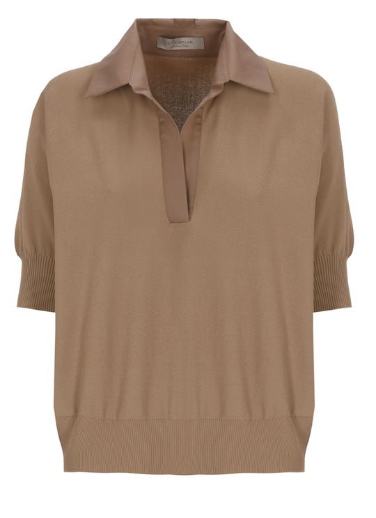 D-Exterior Brown V-Neck Viscose Polo Shirt