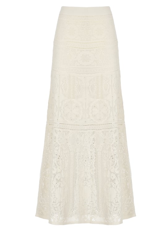 D-Exterior Ivory Midi Skirt With Intricate Lace Design