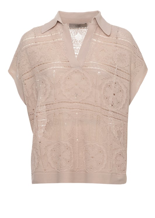 D-Exterior Beige Lace V-Neck Polo Shirt