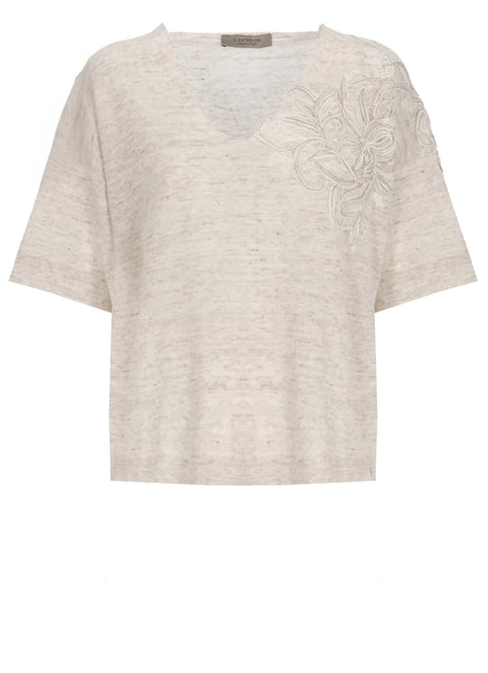 D-Exterior Beige Lace Linen-Blend Round-Neck Top