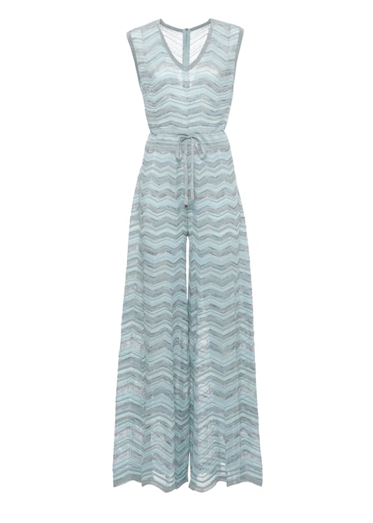 D-Exterior Light Blue Geometric Viscose Jumpsuit With Lurex Accents