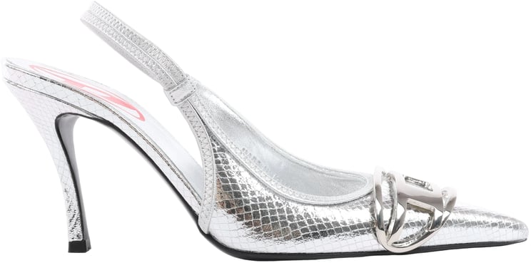 Diesel Diesel D-Venus Patent Embossed Slingback Heels in Silver, Size 37 EU