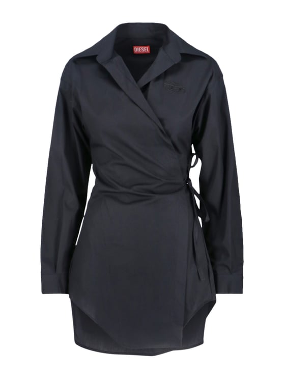 Diesel Asymmetric Wrap Blue Midi Shirt Dress With Tone-On-Tone Embroidery