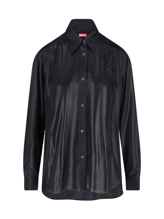 Diesel Laminated Black Shirt With Classic Collar And Embroidered Logo