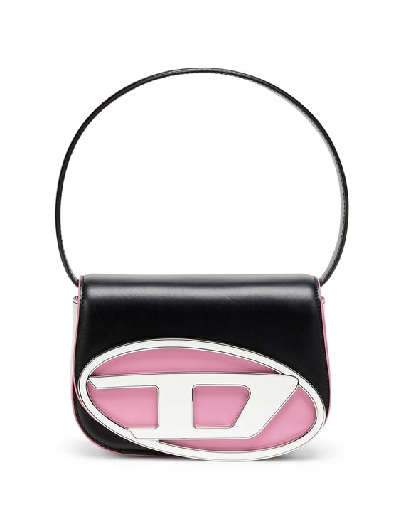 Diesel Rectangular Black Shoulder Bag With Silver Emblem And Pink Accents