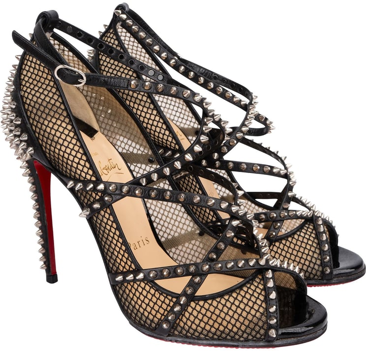 Dior Christian Louboutin Black Leather Alarc Rete Mini Resille Studded Mesh Toe Sandals 100 Heels (35)