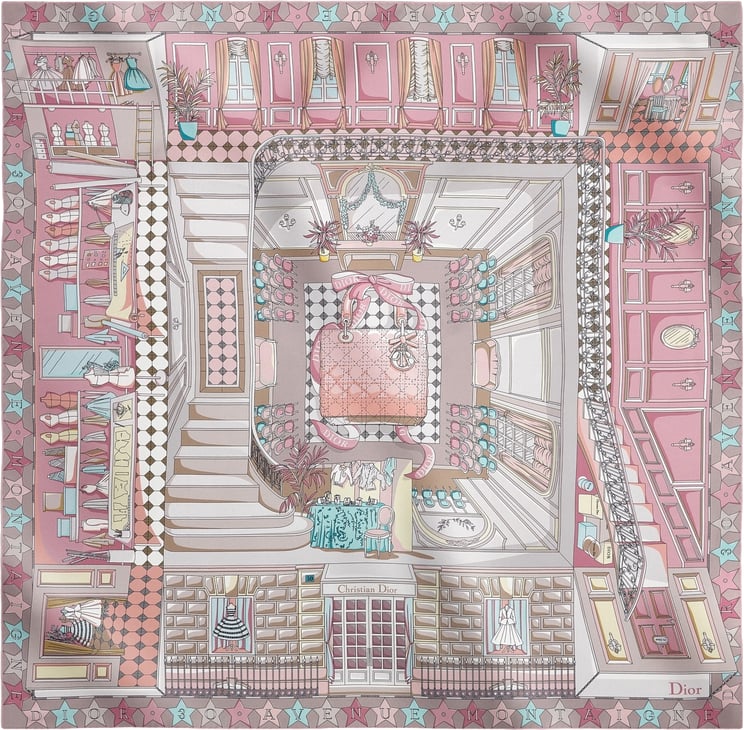 Dior Intricate Boutique Interior Scarf With Whimsical Illustration