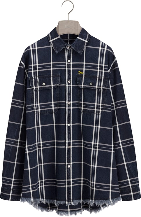 Dior Long-Sleeve Dark Blue Plaid Shirt With Frayed Hem