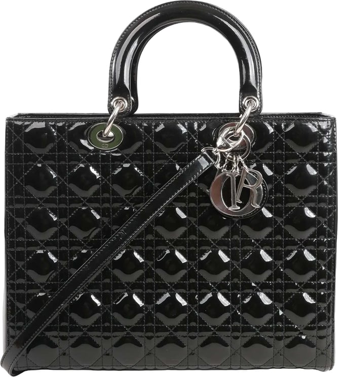 Dior Dior Lady Dior Large Patent Leather Cannage 2Way Handbag in Black