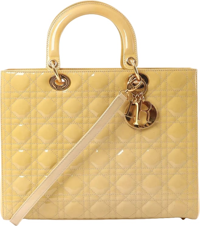 Dior Dior Lady Dior Patent Leather Cannage Large 2Way Handbag in Yellow