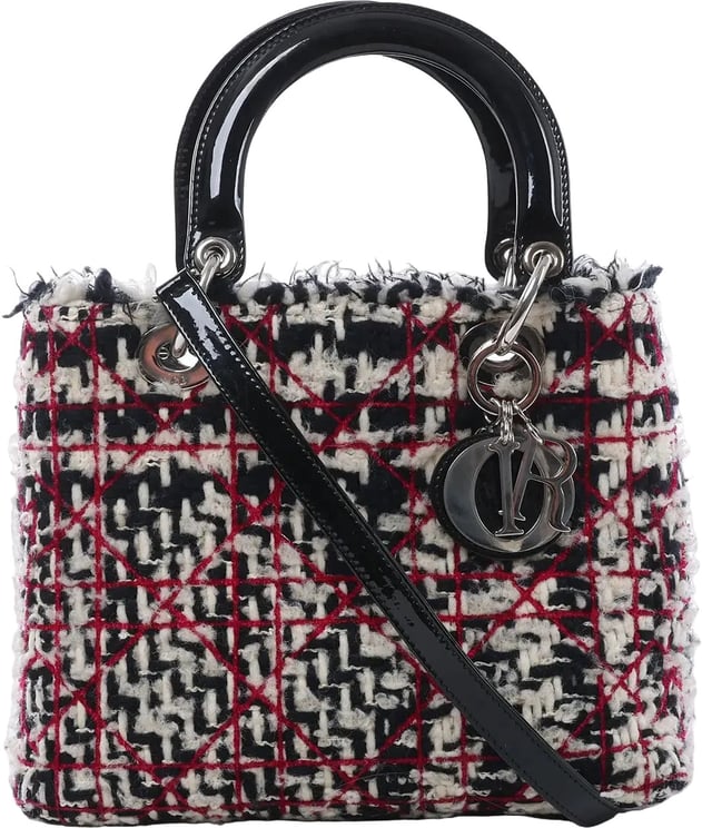Dior Dior Lady Dior Medium Tweed x Patent Leather 2Way Handbag in Black