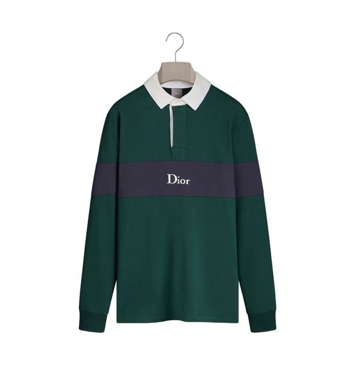 Dior Deep Green Cotton Navy Stripe Polo Shirt