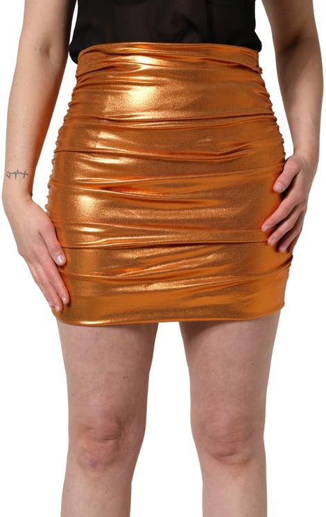 Dolce & Gabbana Dolce & Gabbana Metallic Orange Ruched Lame Bodycon Mini Skirt