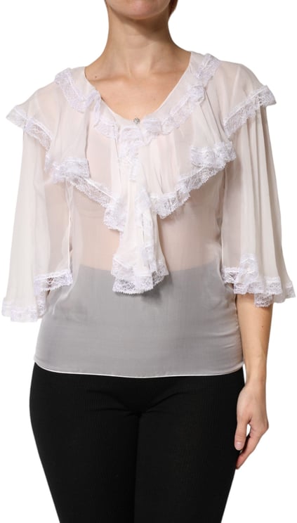 Dolce & Gabbana Dolce & Gabbana White LongSleeve Lace Trim Ruffled Blouse Top