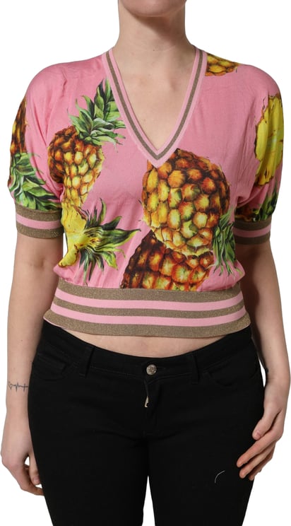 Dolce & Gabbana Dolce & Gabbana Pink Pineapple Vneck Short Sleeve Cropped Top
