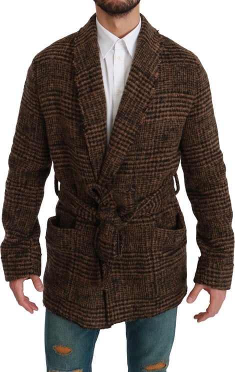 Dolce & Gabbana Dolce & Gabbana Brown Checkered Wool Robe Coat  Wrap Jacket