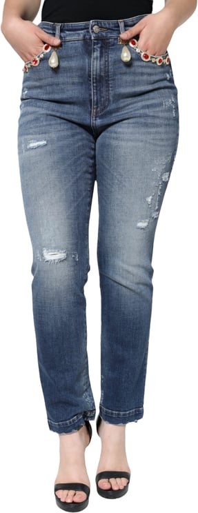 Dolce & Gabbana Dolce & Gabbana Dark Blue Cotton Tattered Skinny Denim Jeans