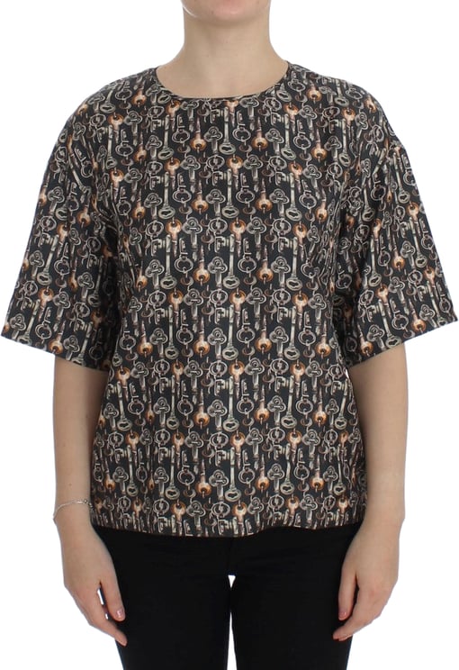 Dolce & Gabbana Dolce & Gabbana Gray Gold Key Print Silk Blouse T-shirt