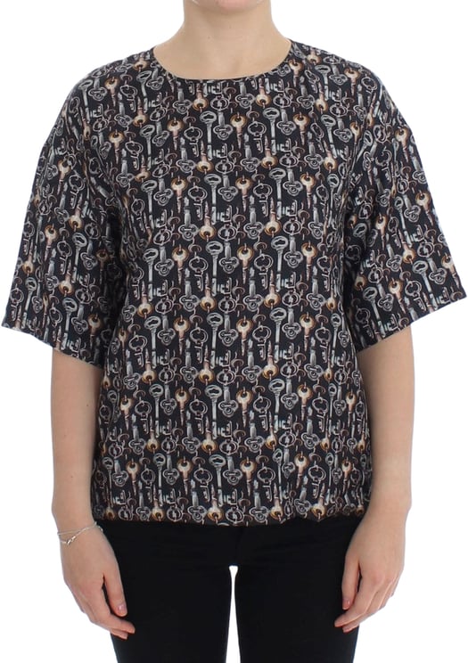 Dolce & Gabbana Dolce & Gabbana Gray Gold Key Print Silk Blouse T-shirt