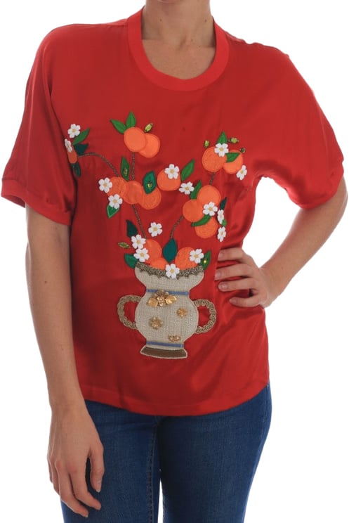 Dolce & Gabbana Dolce & Gabbana Red Silk Oranges Floral Crystal Blouse