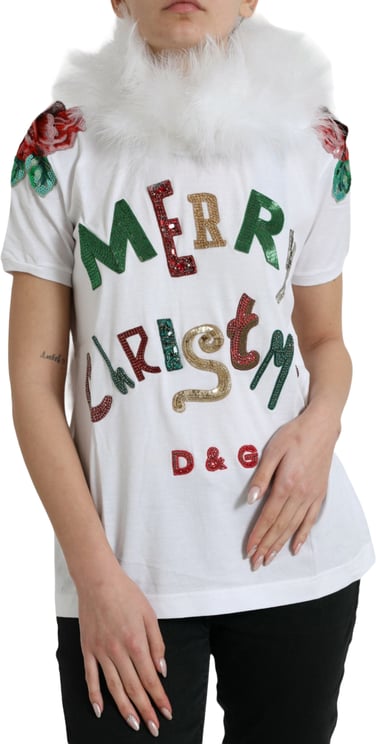 Dolce & Gabbana Dolce & Gabbana White Cotton Christmas Sequin Fur T-shirt