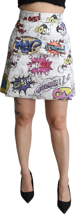 Dolce & Gabbana Dolce & Gabbana White Cartoon Brocade A-line High Waist Skirt