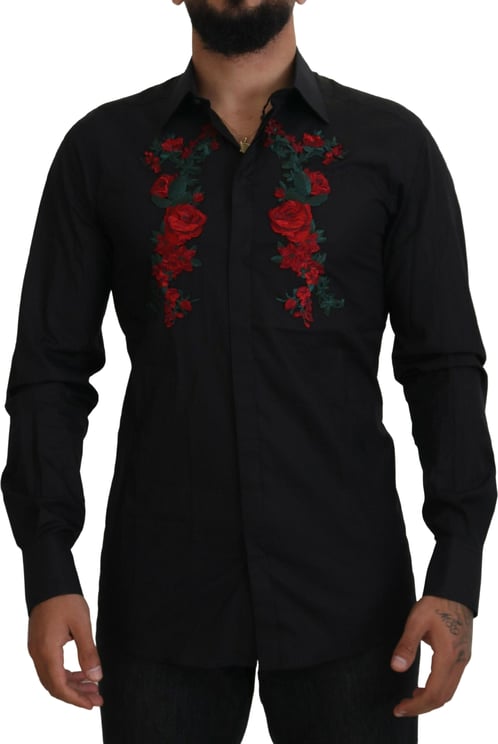 Dolce & Gabbana Dolce & Gabbana Black Floral Embroidery Men Long Sleeves GOLD Shirt