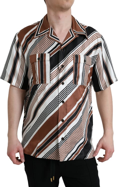 Dolce & Gabbana Dolce & Gabbana Brown White Silk Striped Short Sleeve Shirt
