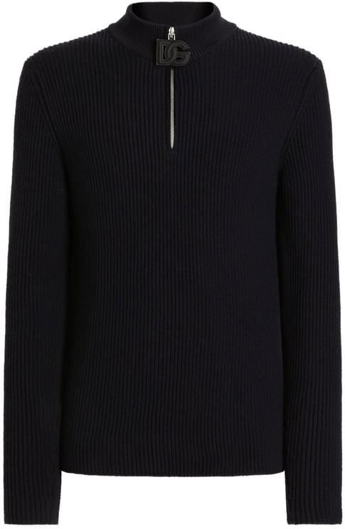 Dolce & Gabbana Black Ribbed Knit Half-Zip Wool Pullover
