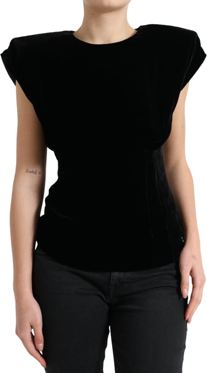 Dolce & Gabbana Dolce & Gabbana Black Velvet Fitted Padded Shoulder Blouse Top