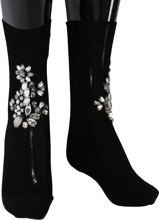 Dolce & Gabbana Dolce & Gabbana Black Knitted Floral Clear Crystal Socks