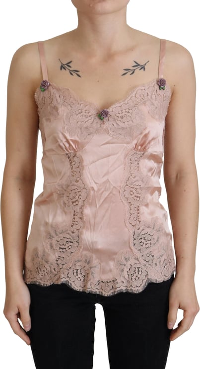 Dolce & Gabbana Dolce & Gabbana Pink Satin Lace Roses Tank Top Lingerie