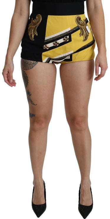 Dolce & Gabbana Dolce & Gabbana Yellow Black Cotton Jewelled Hot Pants Shorts