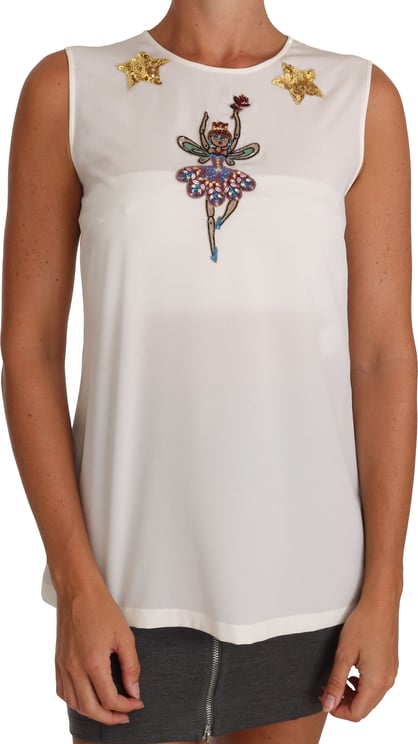 Dolce & Gabbana Dolce & Gabbana White Silk Embellished Crystal Sequin Fairy Top