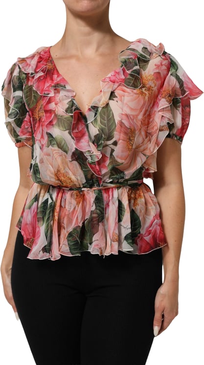 Dolce & Gabbana Dolce & Gabbana Pink Camellias Printed Silk V-neck Blouse Top