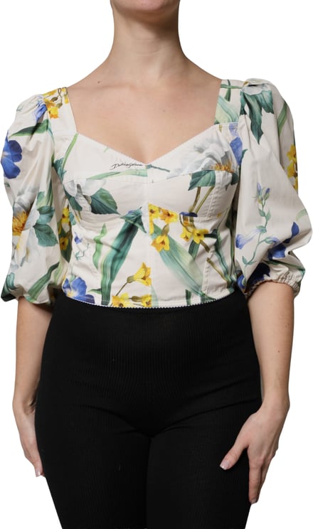 Dolce & Gabbana Dolce & Gabbana White Floral Puff Sleeves Crop Blouse Top