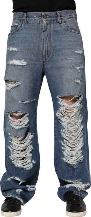 Dolce & Gabbana Dolce & Gabbana Blue Tattered Cotton Logo Plaque Denim Jeans