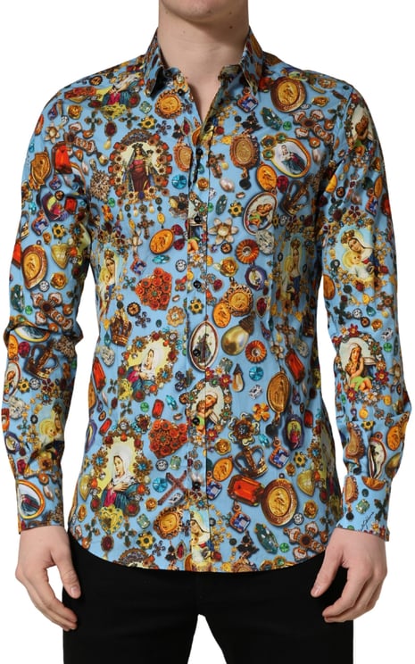 Dolce & Gabbana Dolce & Gabbana Blue Cotton Jewel Print Button Down GOLD Shirt