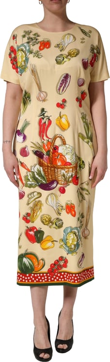 Dolce & Gabbana Dolce & Gabbana Beige Fruit PolkaDot Sheath Silk Midi Dress