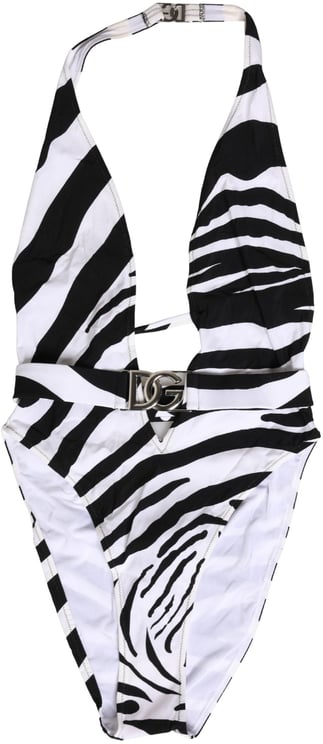 Dolce & Gabbana Dolce & Gabbana Black White Zebra Deep V-Neck One Piece Swimwear