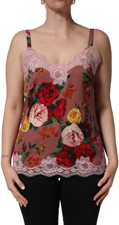 Dolce & Gabbana Dolce & Gabbana Brown Rose Print Satin Lace Camisole Tank Top