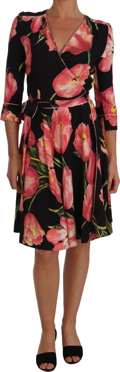 Dolce & Gabbana Dolce & Gabbana Black Pink Tulip Print Stretch Shift Dress