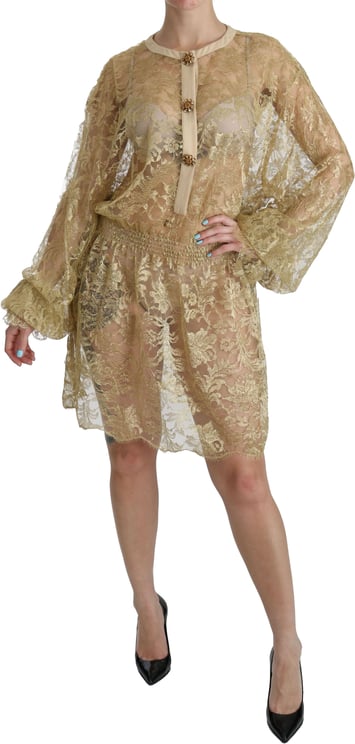 Dolce & Gabbana Dolce & Gabbana Gold Lace See Through A-Line Knee Length Dress