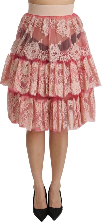Dolce & Gabbana Dolce & Gabbana Pink Lace Layered High Waist Knee Length Skirt
