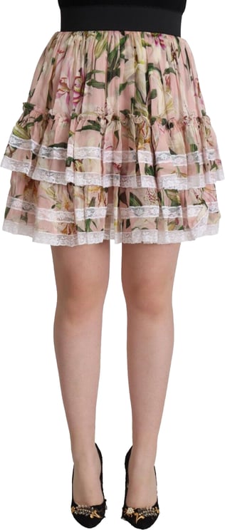 Dolce & Gabbana Dolce & Gabbana Pink Lily Print Silk Mini Tiered A-line Skirt