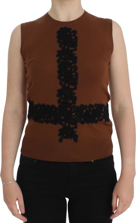 Dolce & Gabbana Dolce & Gabbana Brown Wool Black Lace Vest Sweater Top