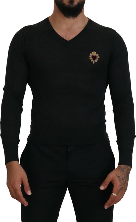 Dolce & Gabbana Dolce & Gabbana Gray Cashmere V-neck Gold Heart Sweater