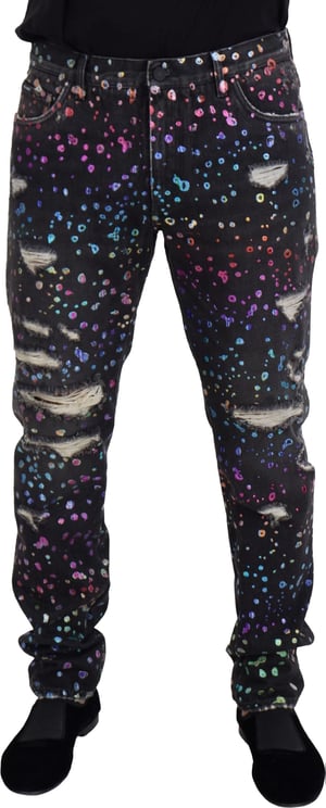 Dolce & Gabbana Dolce & Gabbana Black Multicolor Print Tattered Denim Jeans